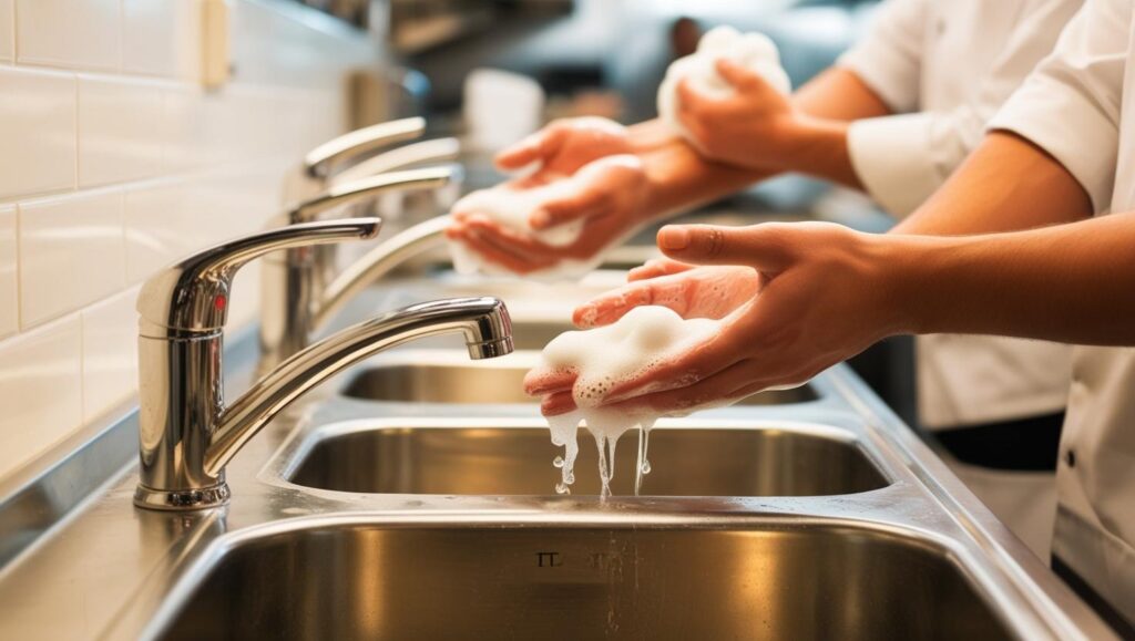 Mains en train de se laver avec du savon, illustrant les bonnes pratiques d'hygiène dans le cadre de la formation en sécurité alimentaire
