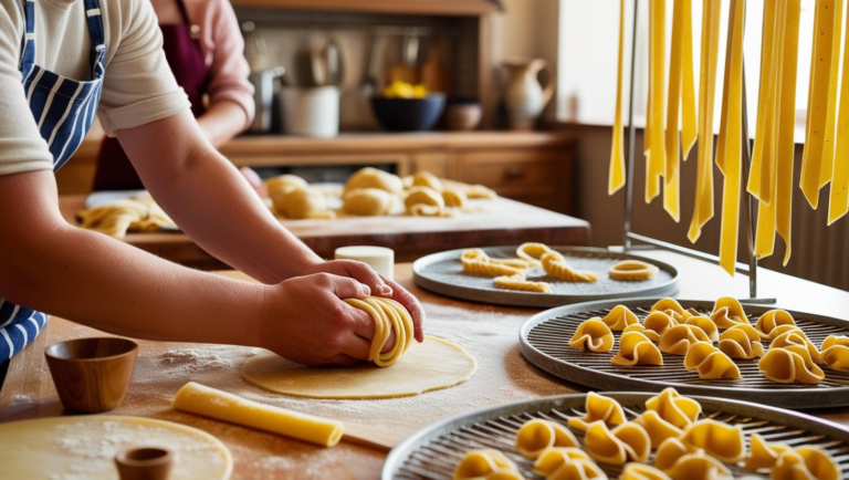 Atelier de pâtes fraîches : des mains façonnent différentes formes de pâtes italiennes.